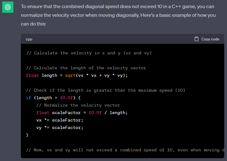 Screenshot of ChatGPT code for normalising velocities