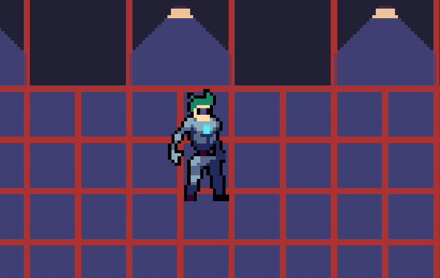 A pixel robot dude standing in a grid of tiles