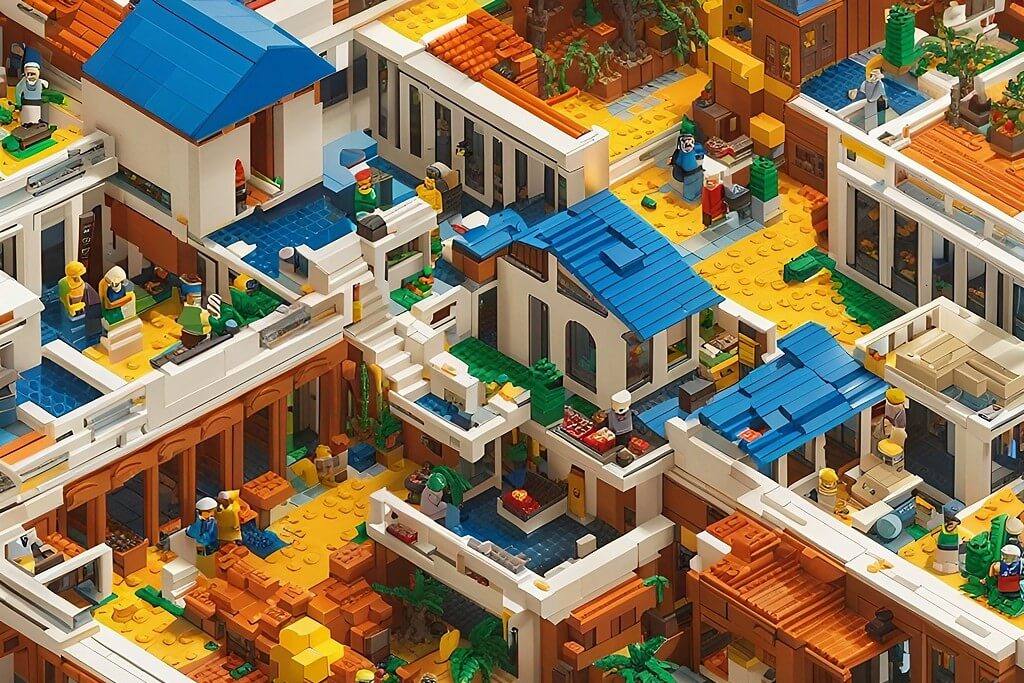 A top-down isometric scene made with lego, generated by SDXL